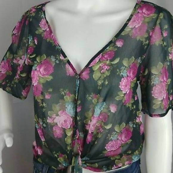 SOLD Kirra Sheer Tie Front Floral V Neck Button Front Short Flutter Sleeve Top - Picture 4 of 9